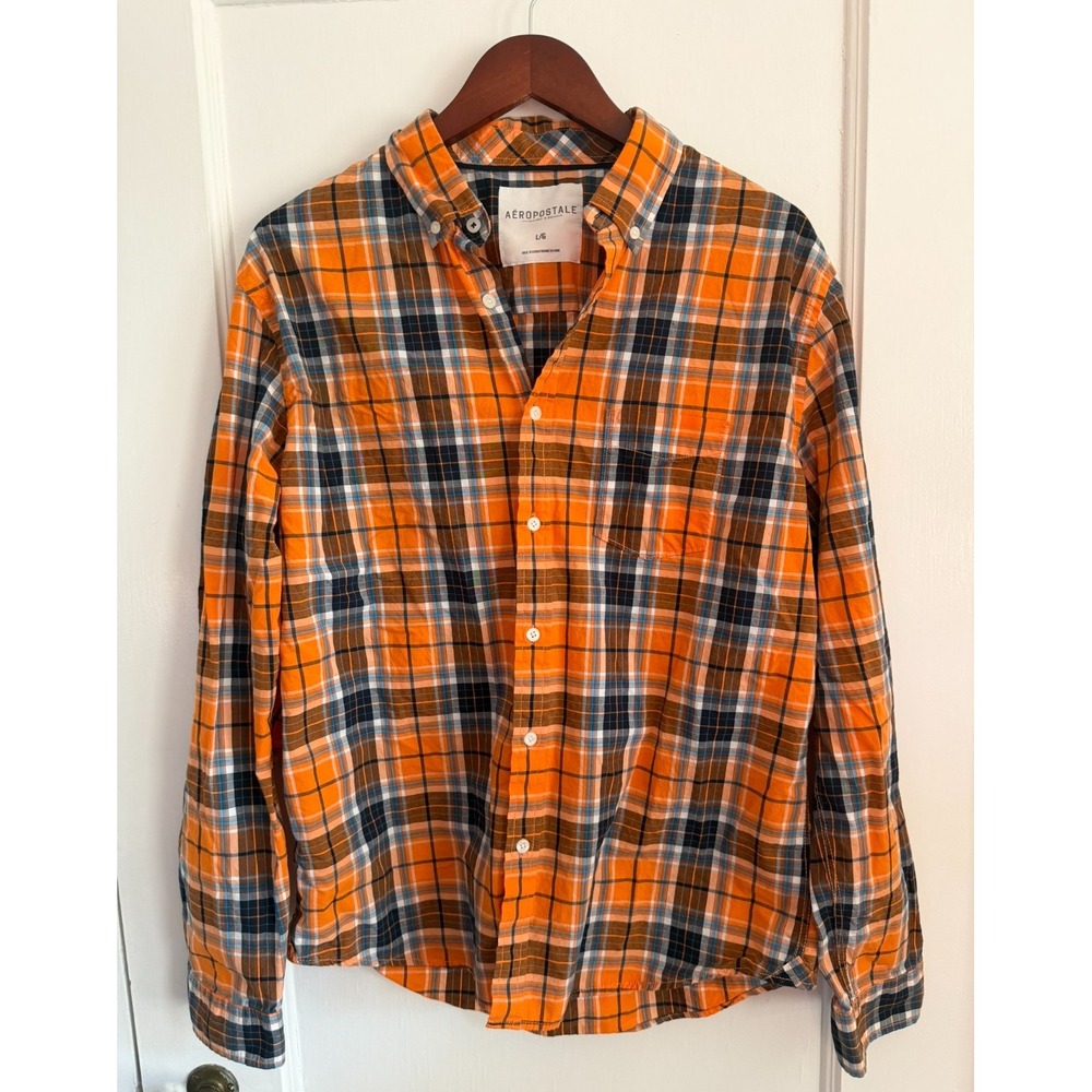 Aeropostale Mens Large L Long Sleeve Button Up Shirt Orange Blue Plaid Cotton